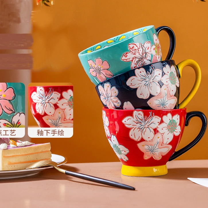 

401-500 мл печатная керамическая японская чашка для молока и кофе, ручная роспись, чашка для сока с ручкой, термостойкая чашка для завтрака