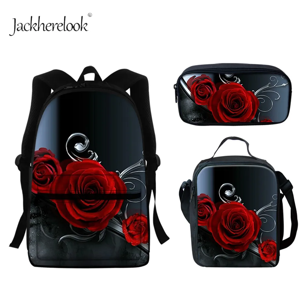 

jackherelook Love Rose Pattern Fashion Girls Shoulders Bags Set Large Capacity Schoolbag Backpack Satchel mochilas para mujer