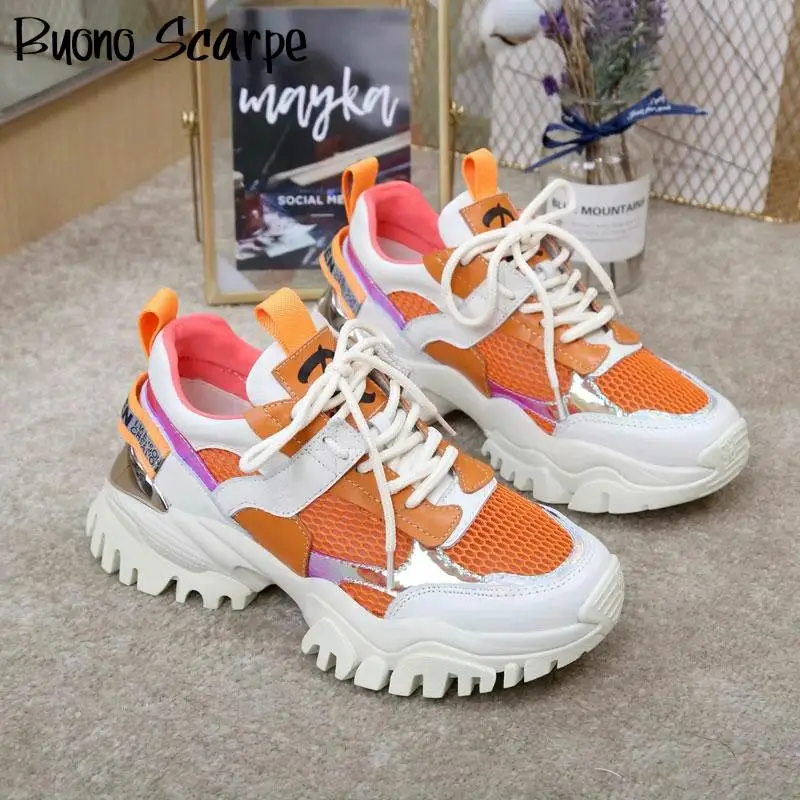 

Thick Sole Platform Women Sneakers Lace Up Flat Shoes Mesh Leather Flats Casual Ladies Sneakers Breathable Walking Shoes Mujer