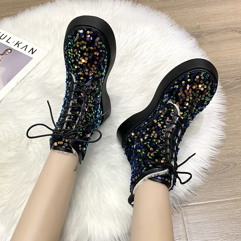 

Зима 2021, новая Корейская версия, зимние ботинки, женская обувь, модные ботильоны, большой размер, блестящие полуботинки мартинсы