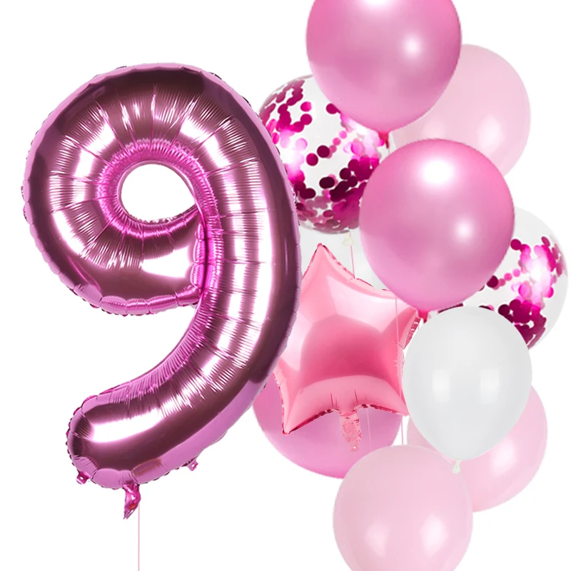 

12pcs 1st Birthday Party Pink Number Foil Balloons Birthday Party Decoration Kids Baby Girl Princess 1 2 3 4 5 6 7 8 9 Years Old