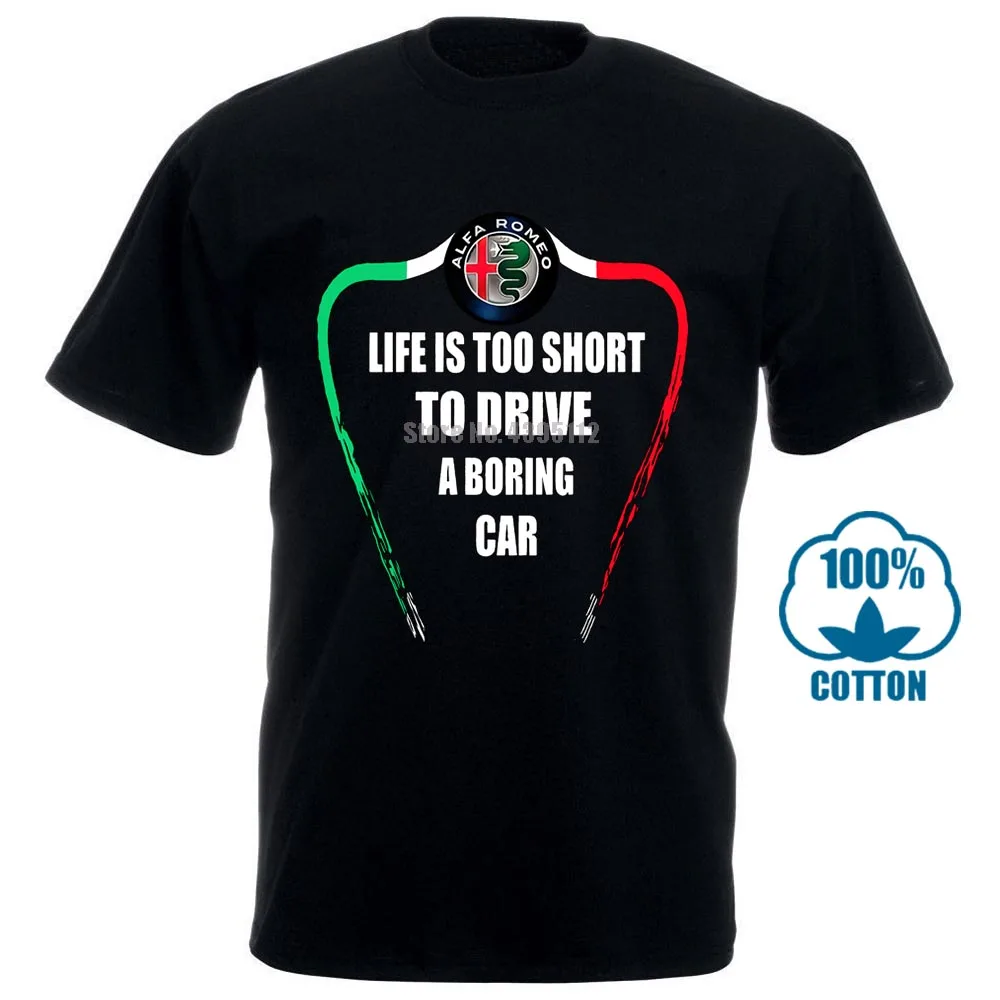Мужские футболки с принтом Life Is Too Short To Drive A Boring Car Alfa Romeo черные больших размеров