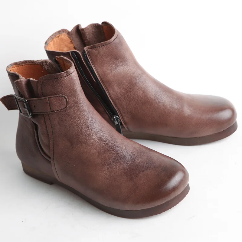 

Careaymade-Leather short boots,head leather single boots,RETRO art hand-made flat heel women's boots,winter flat bottom Boots