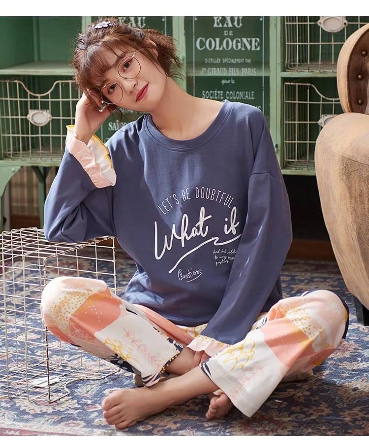M L XL XXL XXXL 4XL Для женщин Хлопковая пижама комплект с принтом для девочек, пижамный комплект, пижама с длинными рукавами костюм Для женщин наборы пижам осень-зима