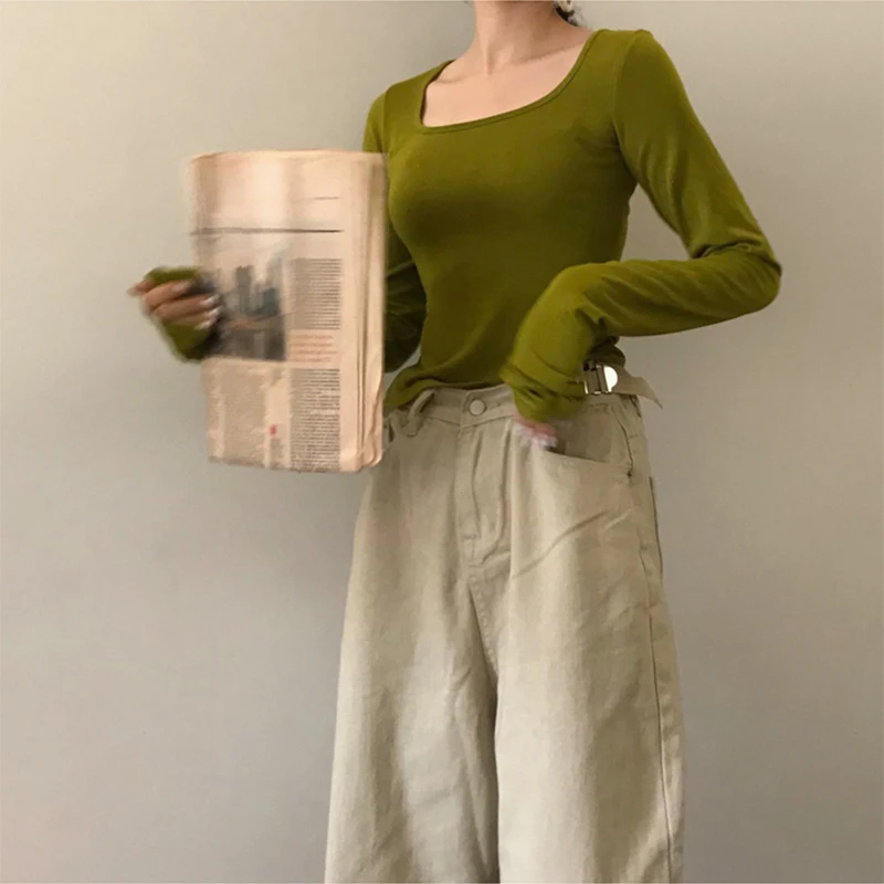 Хороший цвет! Облегающий женский свитер с квадратным вырезом короткий вязаный