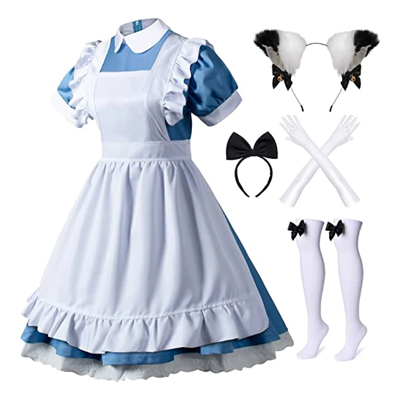 

Alice In Wonderland 6-Piece Set Lolita Maid Apron Masquerade Ball Cosplay Costume Gloves Headdress Socks Set