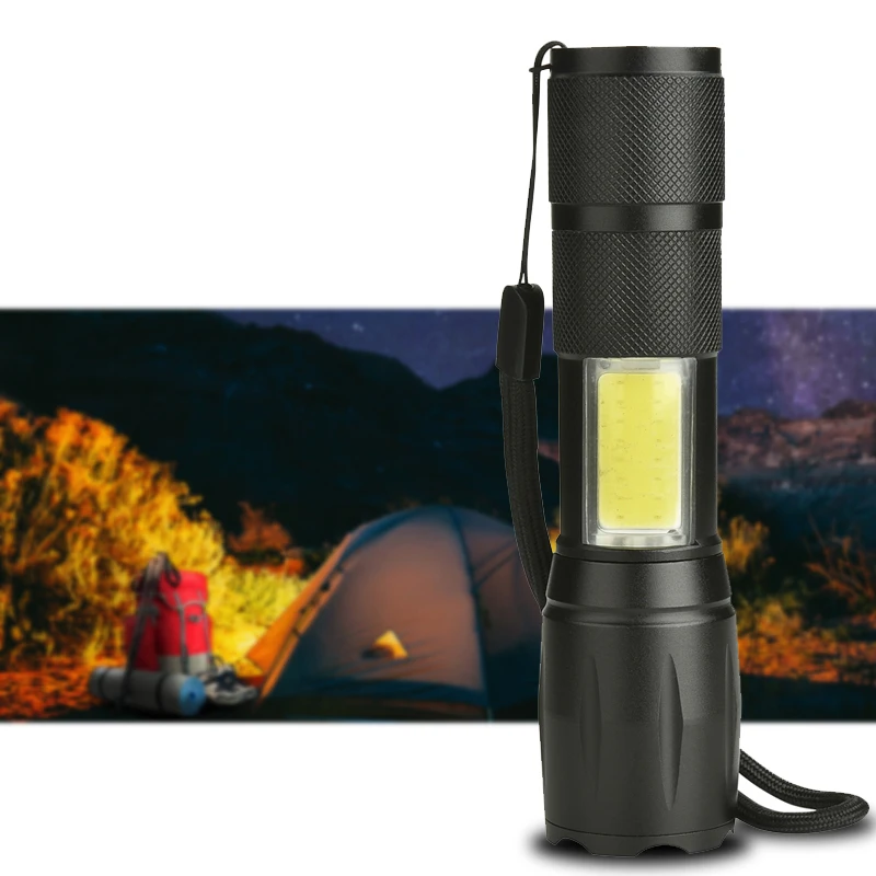 

Dropshipping Led Flashlight High Quality XM-L T6 & COB Zoomable 4 Modes Torch 18650 Battery Aluminum Lantern for Bike Camping