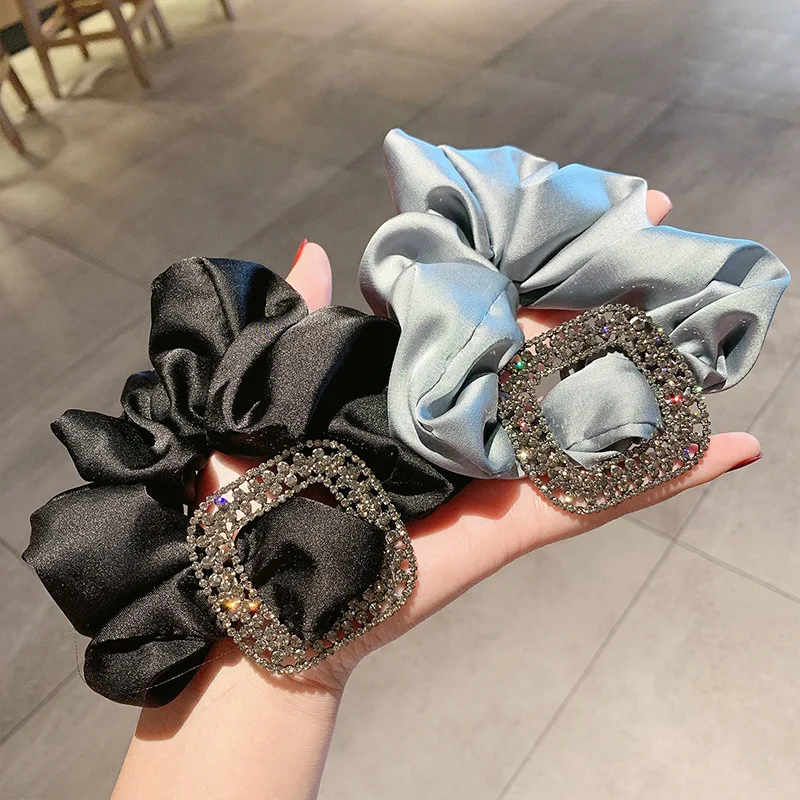Fashion Rhinestone Silk Scrunchies Korean Large Elastic Hair Bands Ties For Women Girls Ponytail Holder Hair Ropes Accessories