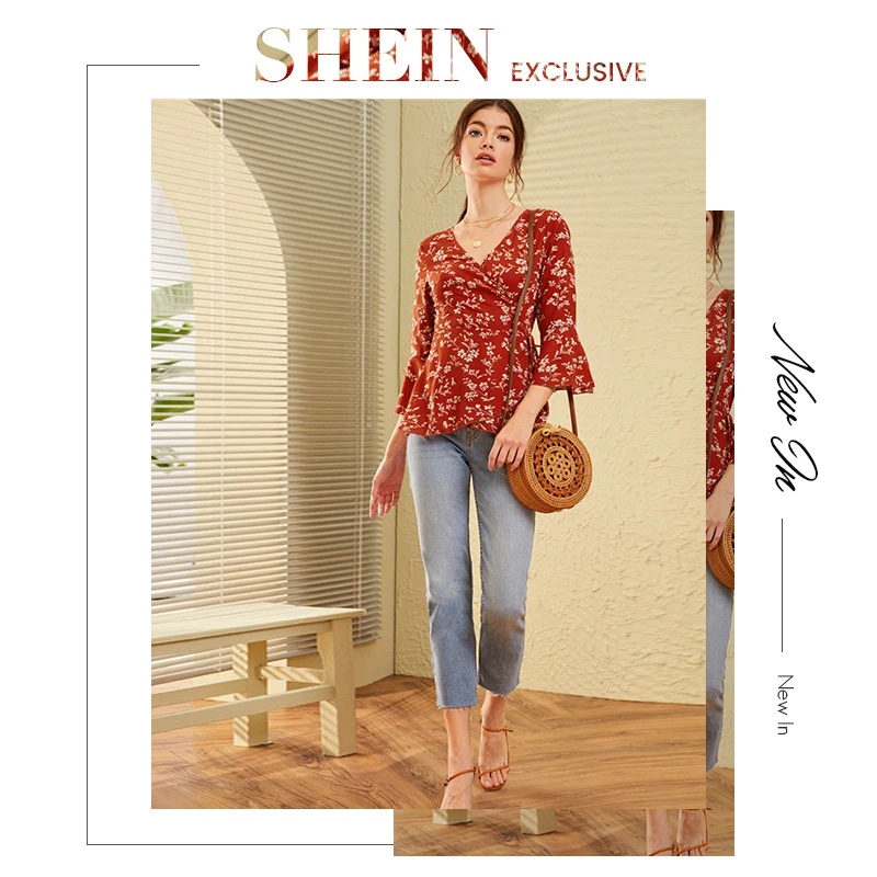 SHEIN V шеи Ditsy цветочный принт Узелок Бохо Вязаная блуза с запахом женские топы осенний праздничный рукав-Волан дамские облегающие блузки