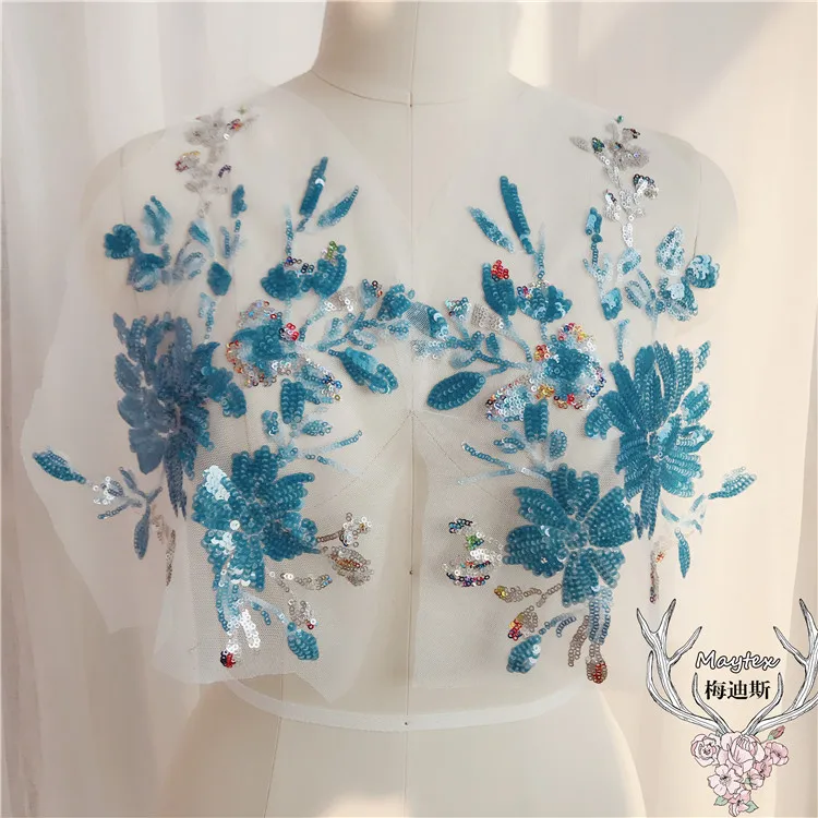 

1 PC Double Color Sequins Colorful Evening Dress Ornament Large Floret Lace Fabric Embroidery Patch