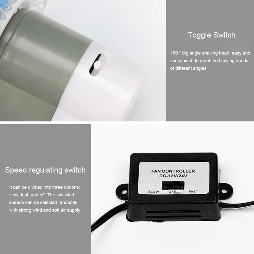 

2 Speeds Van Air Flow Home Car Fans For Dashboard Universal Truck Office 12V 24V Oscillating Clip On Easy Install Multifunction