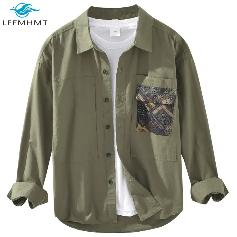 

Men Japan Style Simple Harajuku Long Sleeve Shirts Turn Down Collar Vintage Print Patchwork Pocket Cotton Overalls Mens Clothing