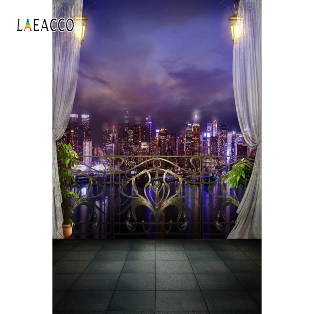 Laeacco ночной город здания река балкон занавеска парапет фотография фоны интерьер