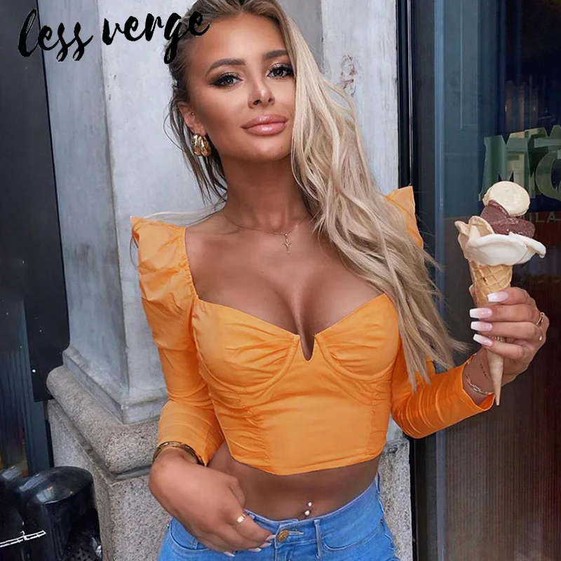 Lessverge с пышными рукавами рюшами сексуальная блузка рубашка женская осенняя синяя