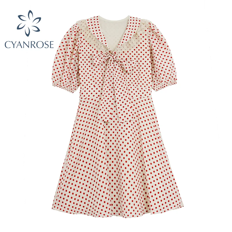 

2021 Summer Vintage Dot Print Dress Women Short Sleeve Sweet Bow Lace Up Dresses Female Casual Elegant Korean Ins Vestiods