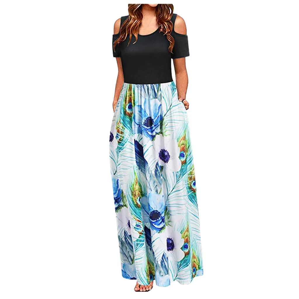 

Women Dress Ladies Summer Fashion Cold Shoulder Floral Print Elegant Maxi Long Dress Pocket Casual Dress Beach Sundress