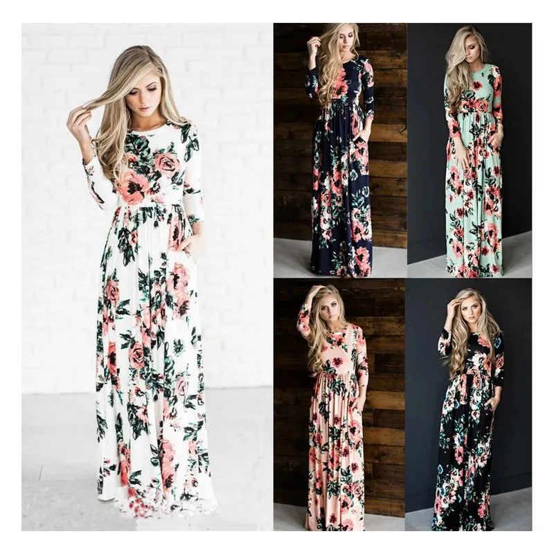 

S-2XL Women's Long Sleeve Round Neck High Waist Print Spliced Beach Dress 2021 Fashion Summer New Casual Long Sleeve Dress