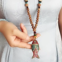 literature and art retro bohemian ethnic beads sweater chain wooden fish pendant long necklace for women wholesale