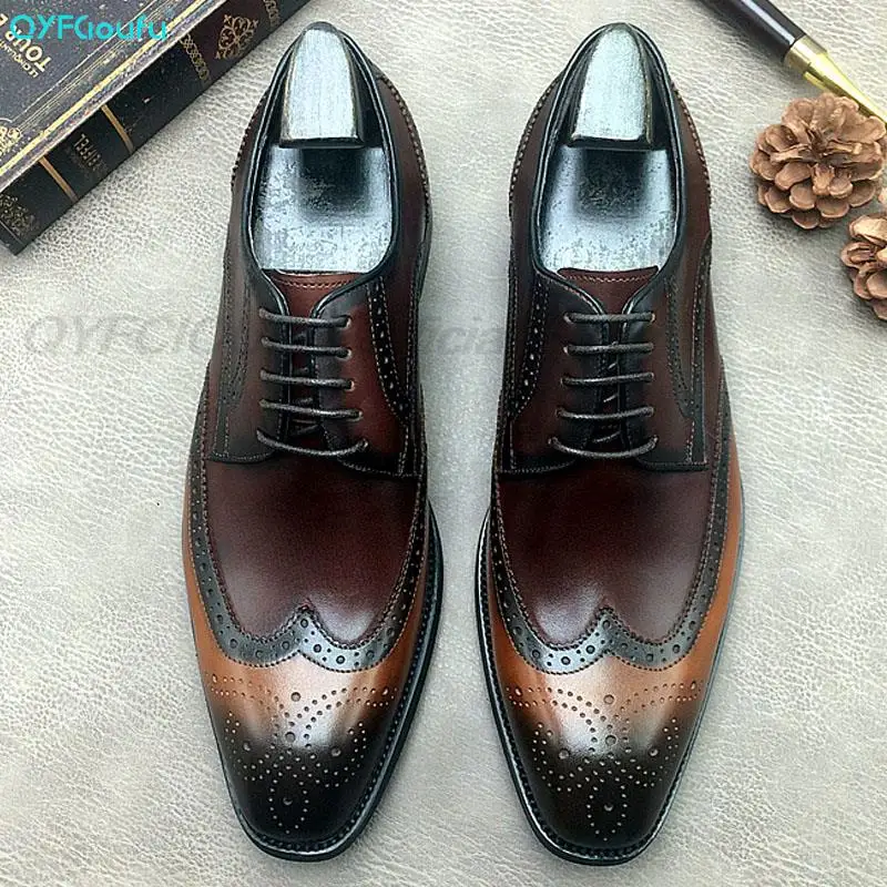 

QYFCIOUFU Luxury Classic Mens Brogue Oxfords Dress Shoes Genuine Cow Leather Lace Up Male Formal Footwear Wedding Italian Shoes