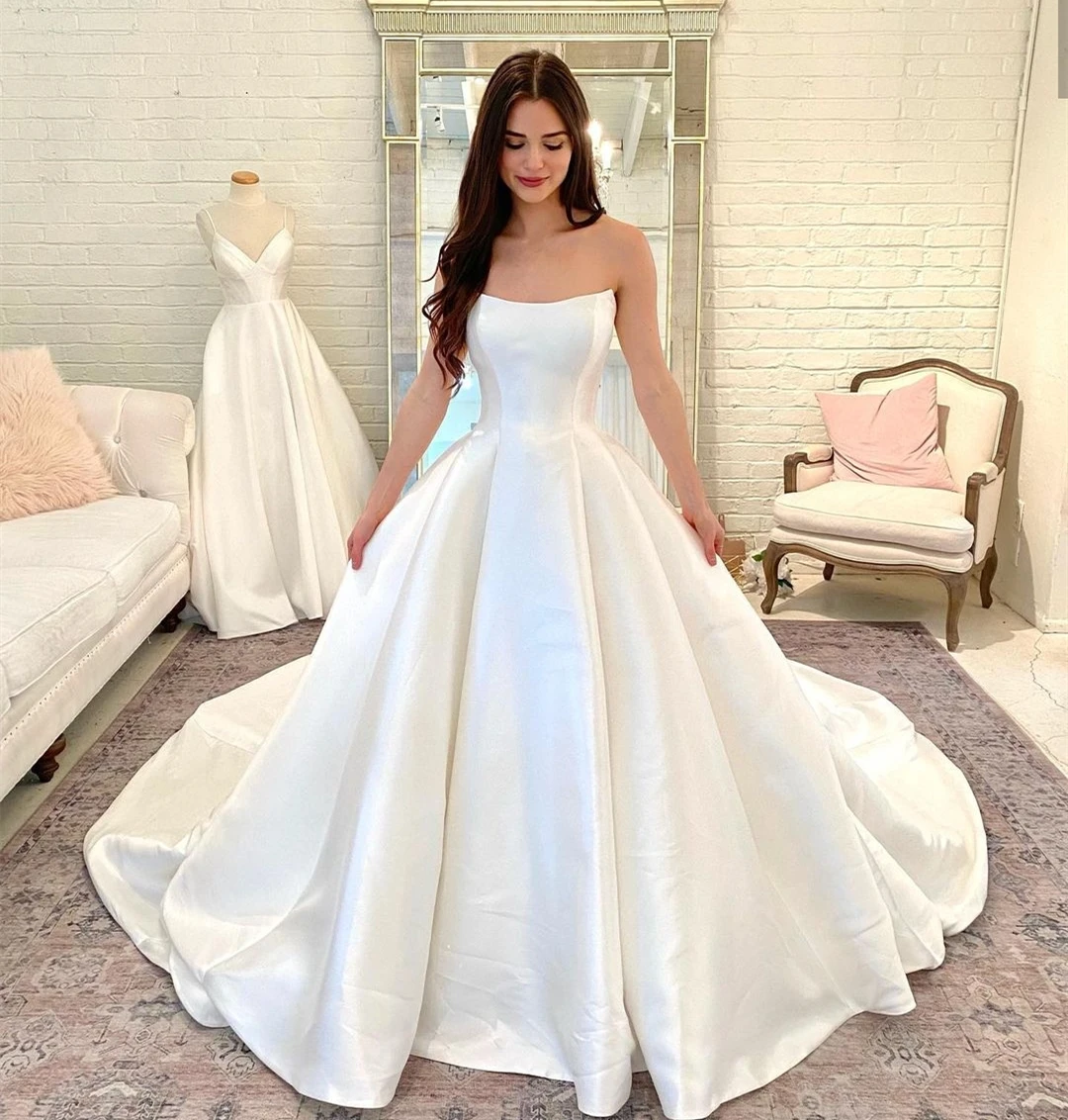 Женское Атласное Бальное Платье Белое платье в пол со шлейфом с коротким рукавом