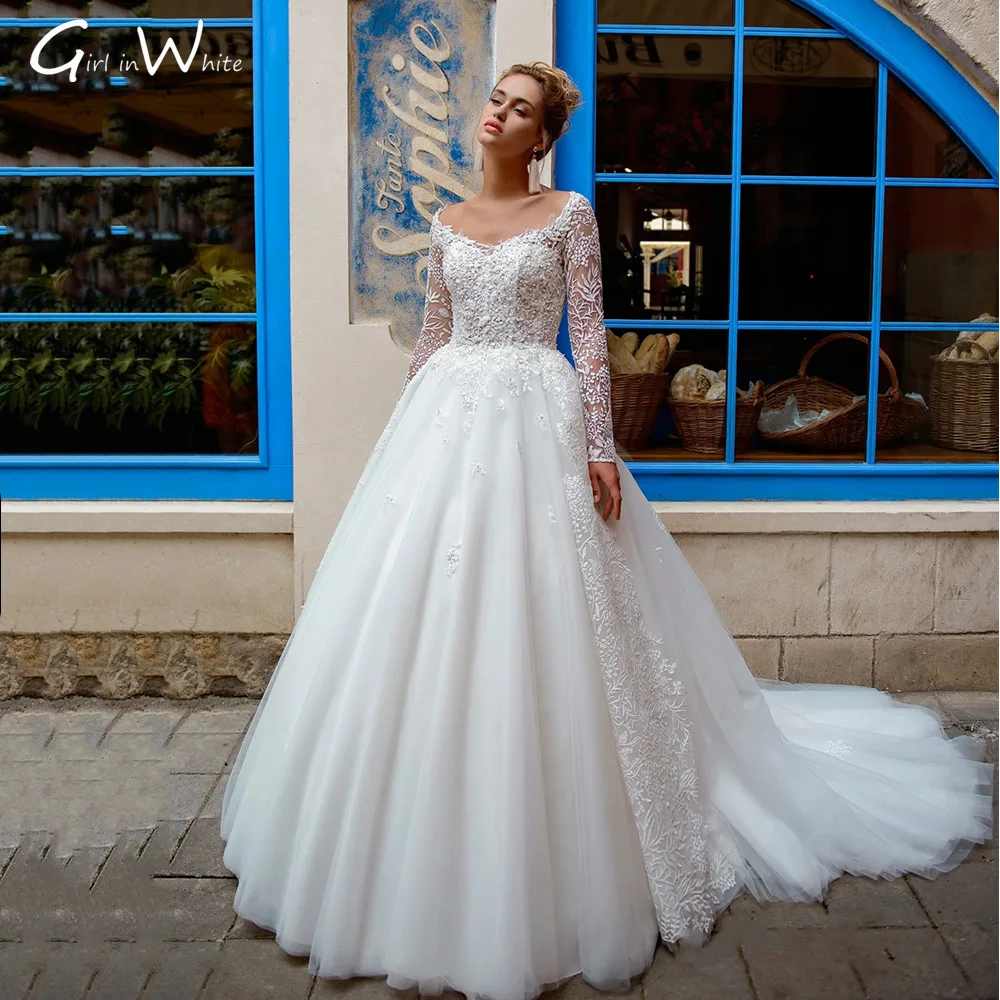 

robe de soirée Full Sleeve Wedding Dress Scoop Neck Lace Appliques Dress For Wedding Bride To Be Backless Bridal Robe Bride Gown