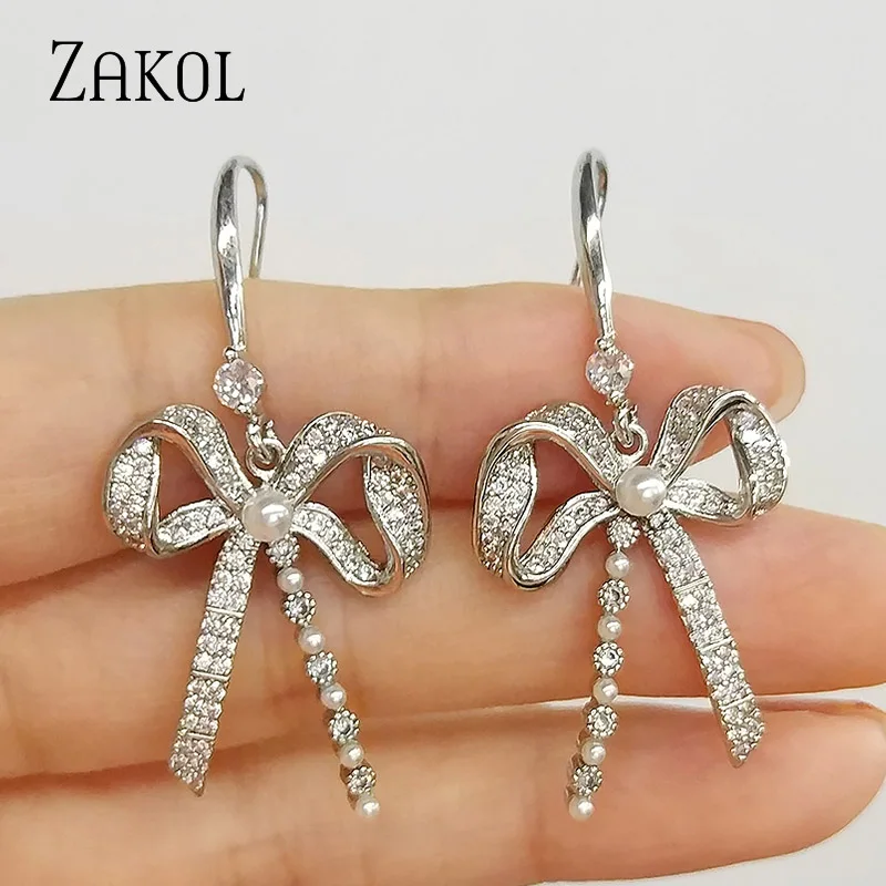 

ZAKOL корейские модные милые микро инкрустированные фианиты висячие серьги на крючках для женщин Роскошные Свадебные украшения с бантом EP2791