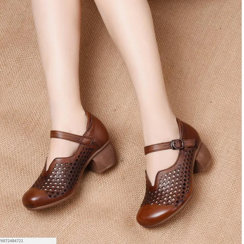 2021 Summer Genuine Leather Comfortable Ladies Mid Heel Sandals Women Shoes Hollow Round Toe Square Heels Sandals Woman