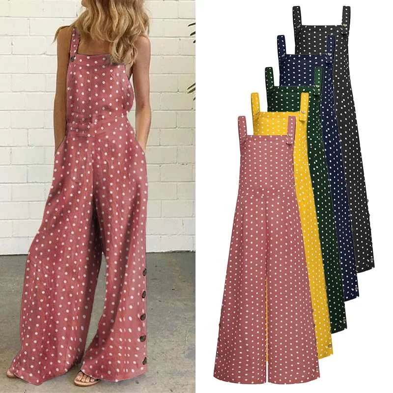 

VONDA Casual Square Neck Rompers Stylish Suspender Overalls Women's Summer Jumpsuits 2021 Long Pants Female Polka Dot Playsuits