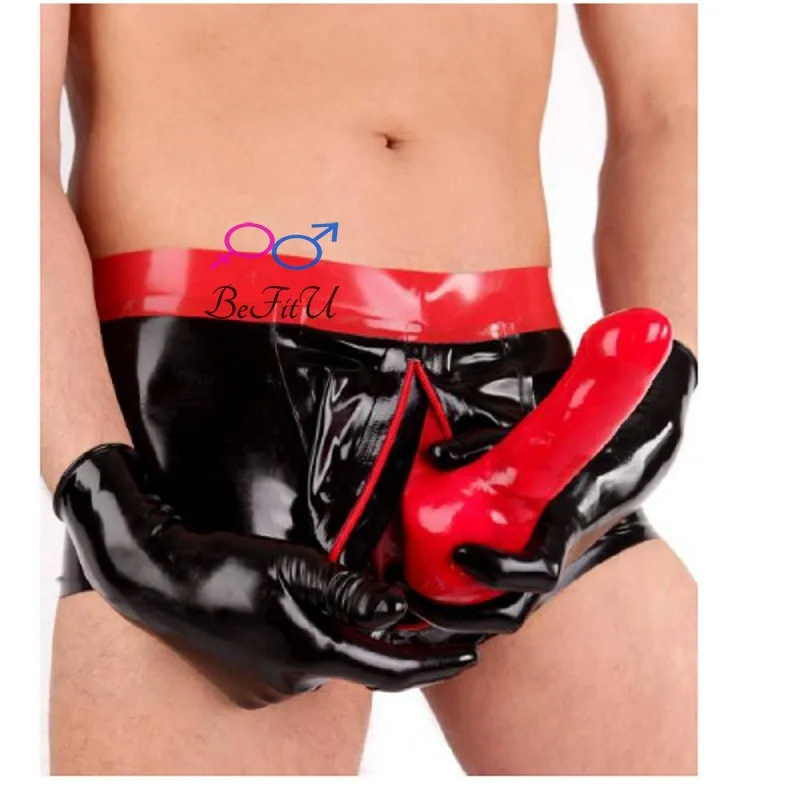black w red condom Латексные шорты коробки Фетиш трусы Бермуды мужские пенис мешок с молнией - Цвет: black w red condom