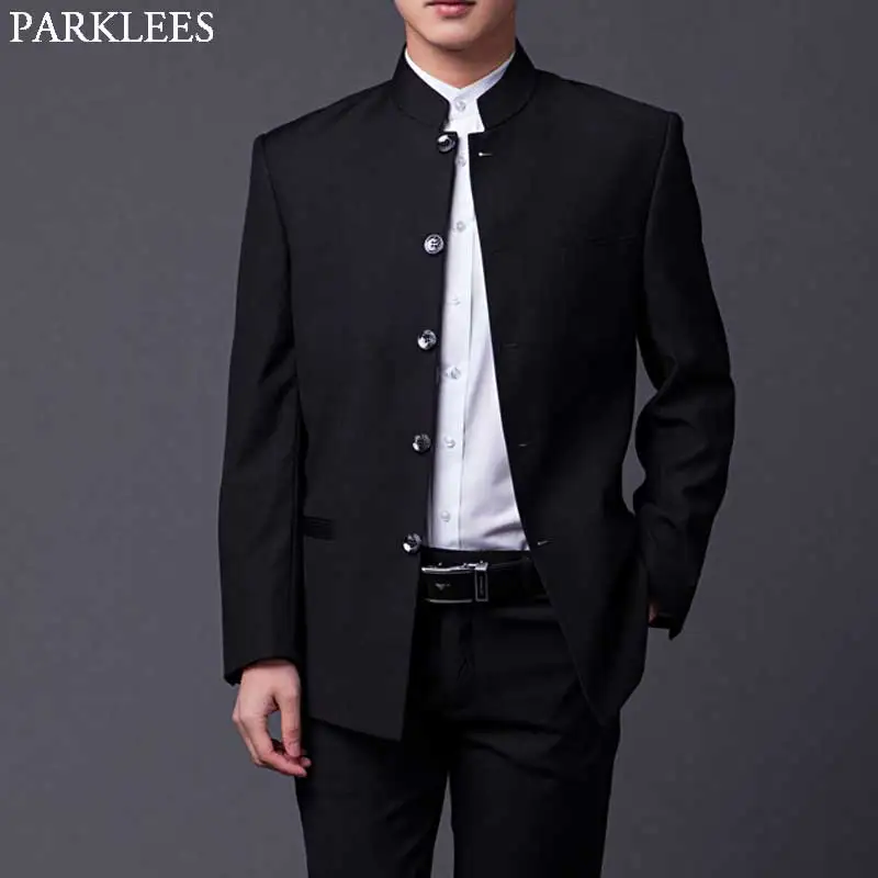 Men's Classic Mandarin Collar Black Suit Slim Fit Groomsmen Formal Business Wedding Tuxedo 2 Piece（Jacket+Pant）Costume Homme 4XL