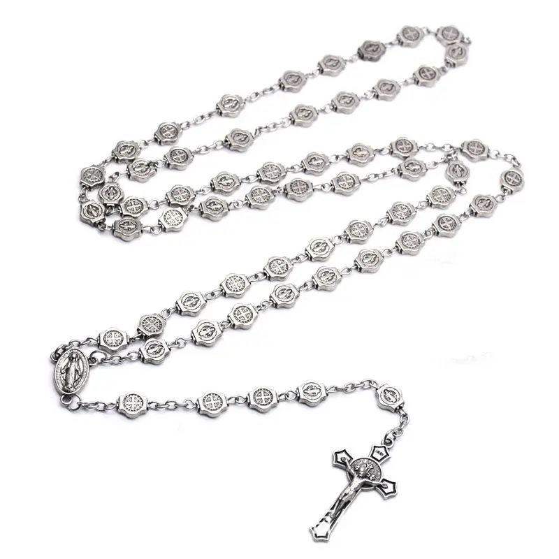 

QIGO Vintage Saint Benedict Rosary Necklace Jesus Cross Pendant Necklace Prayer Church Jewelry Accessories