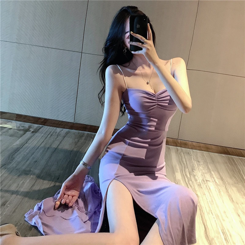 

Hong Kong Style Purple Dress Design Sexy Niche Outdoor Wear Backless Sheath Split French Strap Dress for Women Summer
