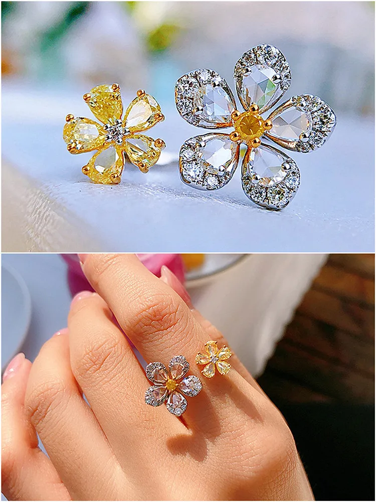 

Yellow Crystal Zircond Diamonds Double Flowers Open Rings for Women White Gold Color Fine Jewelry Chic Trendy Ins Accessory Gift