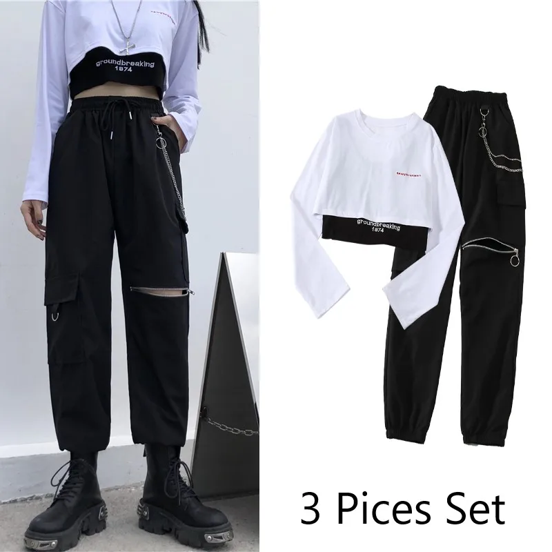 

3 Pieces Set 2021 New Autumn Women Casual Cargo Pants Suit Set Streetwear Outfit White Harajuku Full Sleeve Women Trousers Set
