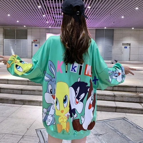 

Модный длинный студенческий милый стиль свитшот с мультяшным принтом дизайнерские свободные женские рубашки оверсайз пикантные пуловеры ...