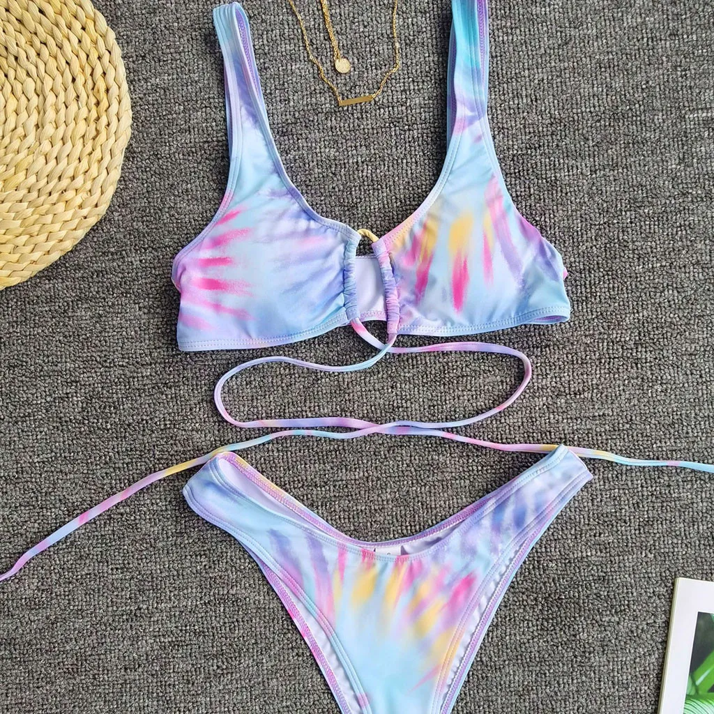 Летний женский комплект бикини с принтом в виде галстука-бабочки купальный