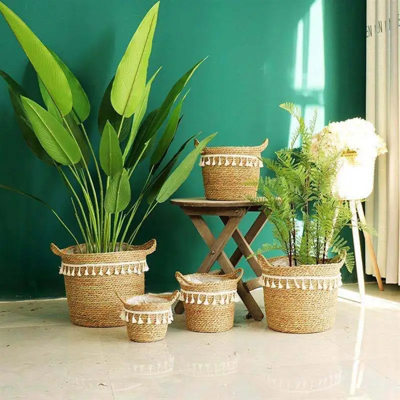 

Woven Flower Pot Plant Basket Handmade Straw Tassel Macrame Storage Basket Laundry Container Home Garden Decoration