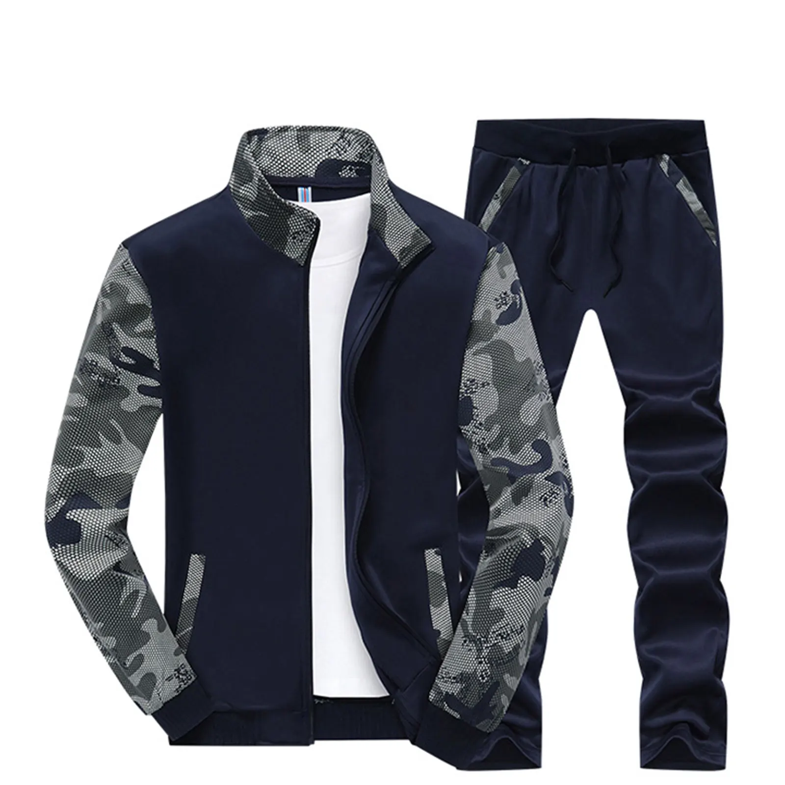 

Men's Casual Camouflage Tracksuits Sets, Long Sleeve Patchwork Sweatshirt Coat with Running Jogging Pant