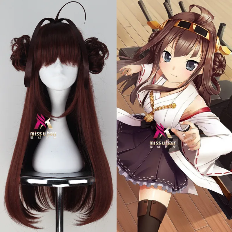 

Kantai Collection Cosplay Kongou 70 см длинные прямые красно-коричневые волосы с двумя булочками Женские синтетические волосы для костюма аниме вечеринки
