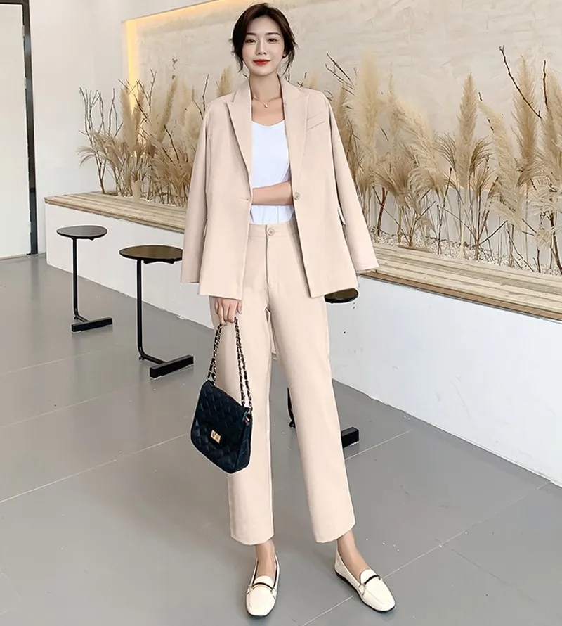 

high quality 2019 Autumn winter office lady Casual Solid Women Pant Suits V Collar Blazer Jacket & Pencil Pant Female Suit
