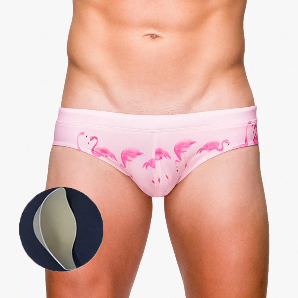 

2020 Swimsuit Men Swimwear Sexy Push Up Pad Mens Swimming Shorts For Men Pink Flamingo Print Maillot De Bain Homme Gay Swimwear