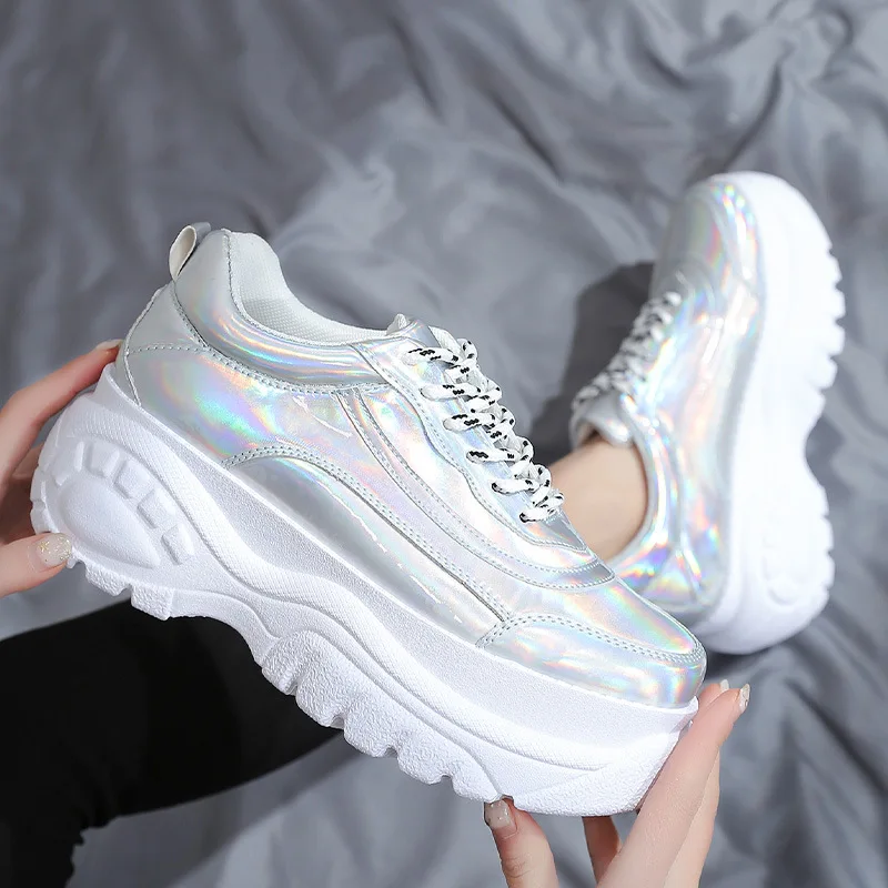 Rimocy/Серебристые кроссовки из лакированной кожи на массивном каблуке Женская