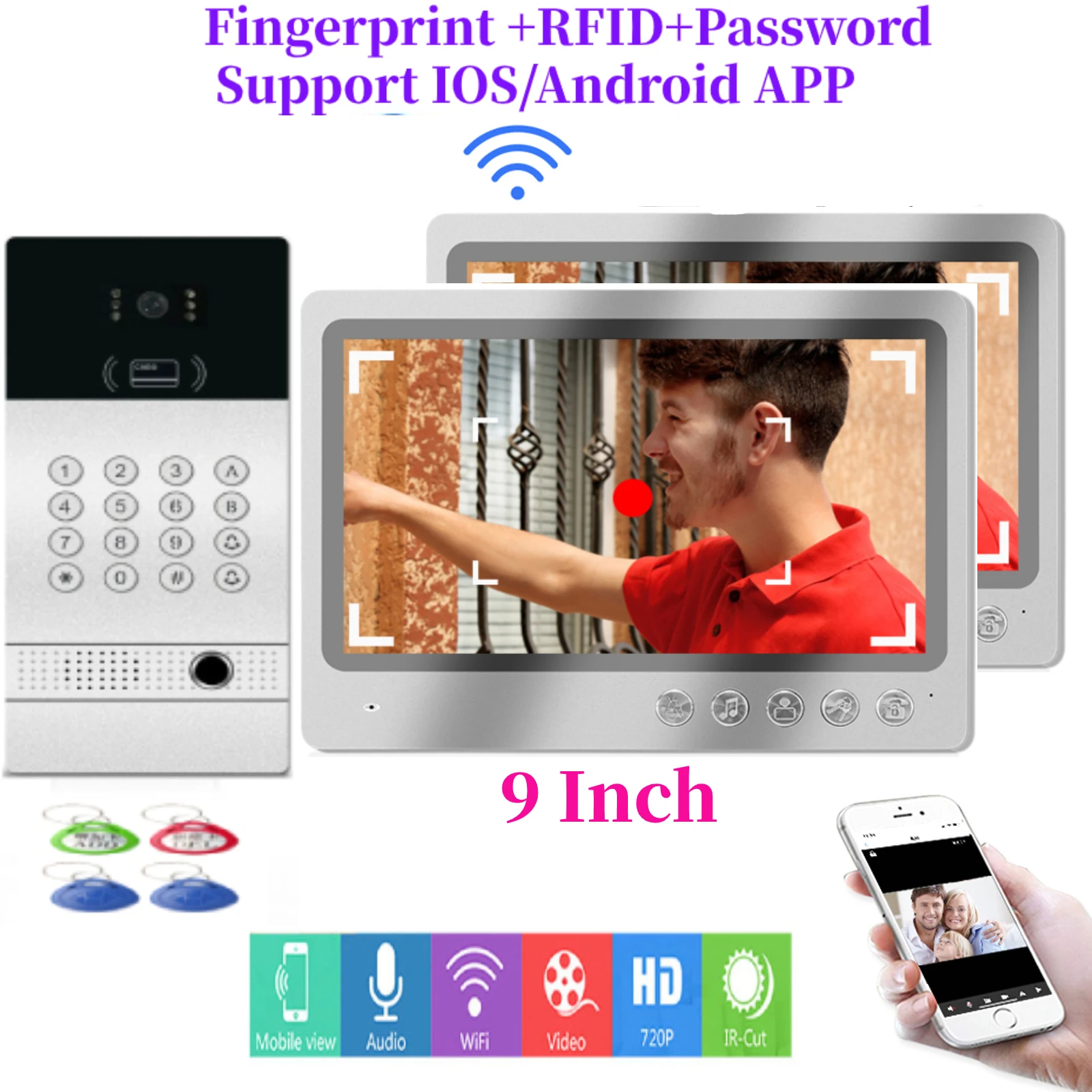 

APP Remote Unlock IP Network Video Intercom 9 Inch Monitor WIFI Audio Doorbell Speakephone Intercom Metal Case Fingerprint KIT