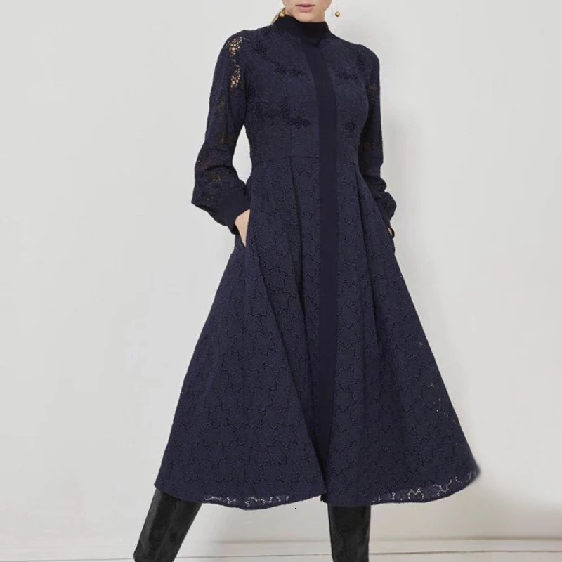 Navy TWOTWINSTYLE, лоскутное кружевное платье для женщин, стоячий воротник, фонарь, длинный рукав, высокая талия, платья для женщин, осень, модная новинка - Цвет: Navy