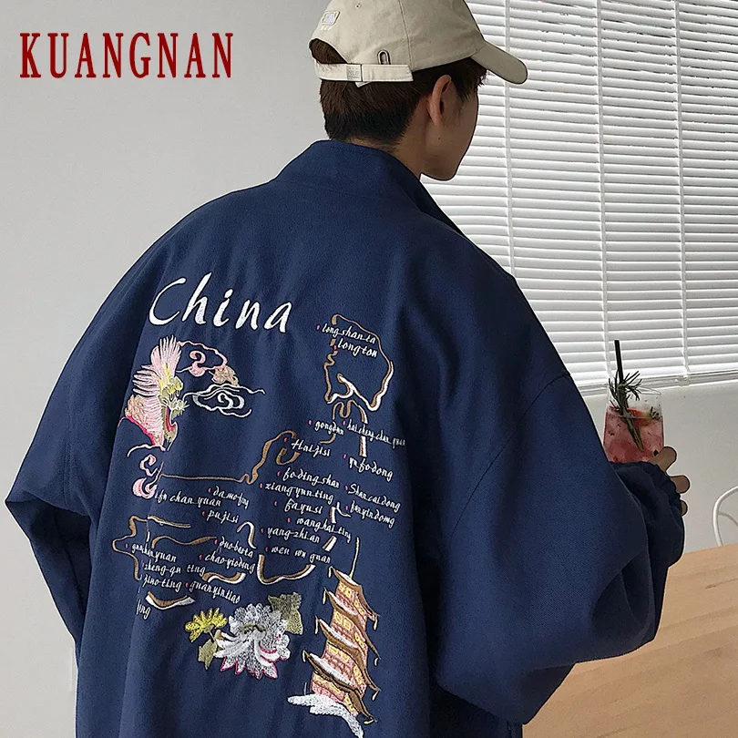 KUANGNAN куртка с вышивкой Мужское пальто куртка-бомбер мужская Японская уличная