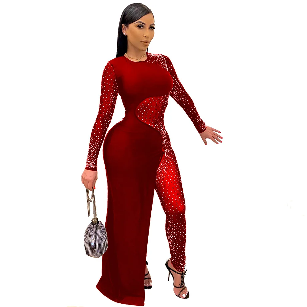 

Autumn And Winter New Sexy Women's Wear Round Collar Diamond Transparent Mesh Irregular Dress Party Club Outfit