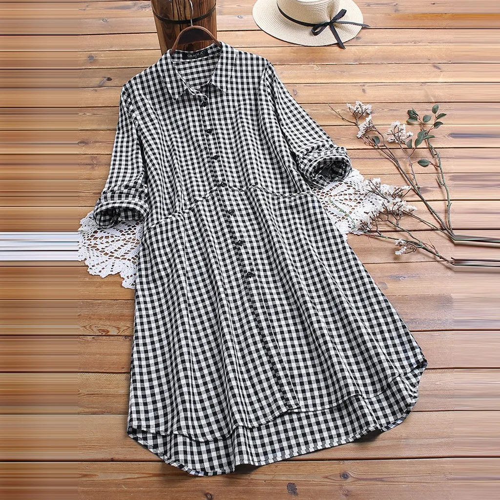 Женское платье с отложным воротником длинным рукавом и клетчатым