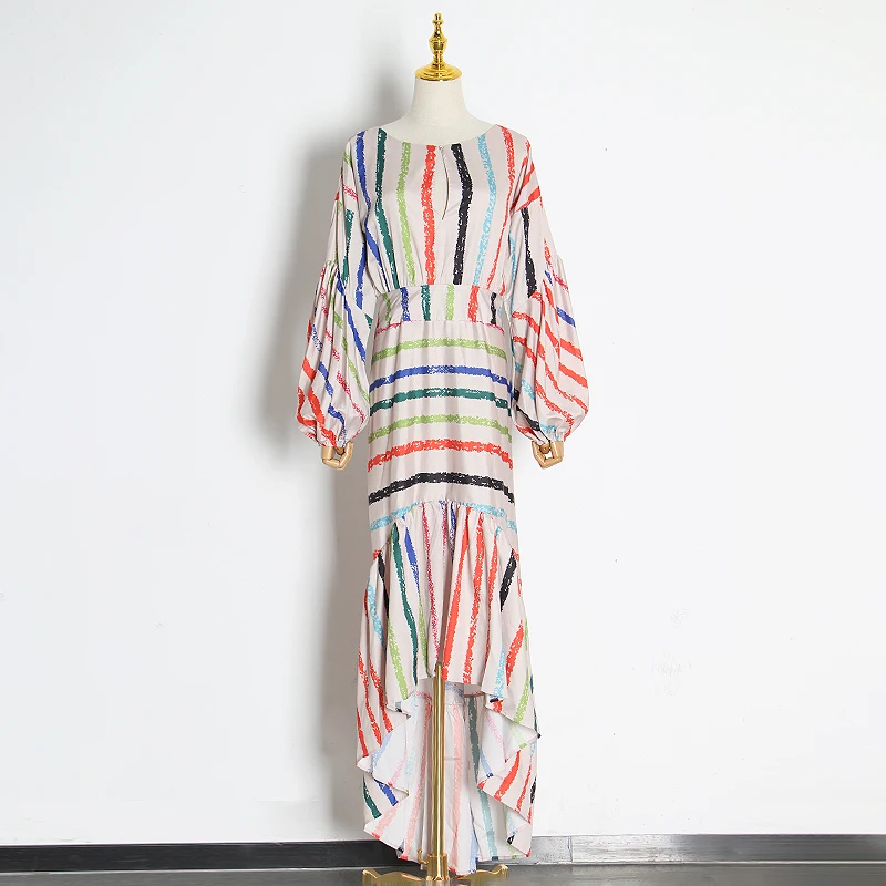 VGH Casual Striped Party Women Dress O Neck Lantern Long Sleeve High Waist Ruffles Irrgular Hem Dresses Female Clothing Fashion | Женская