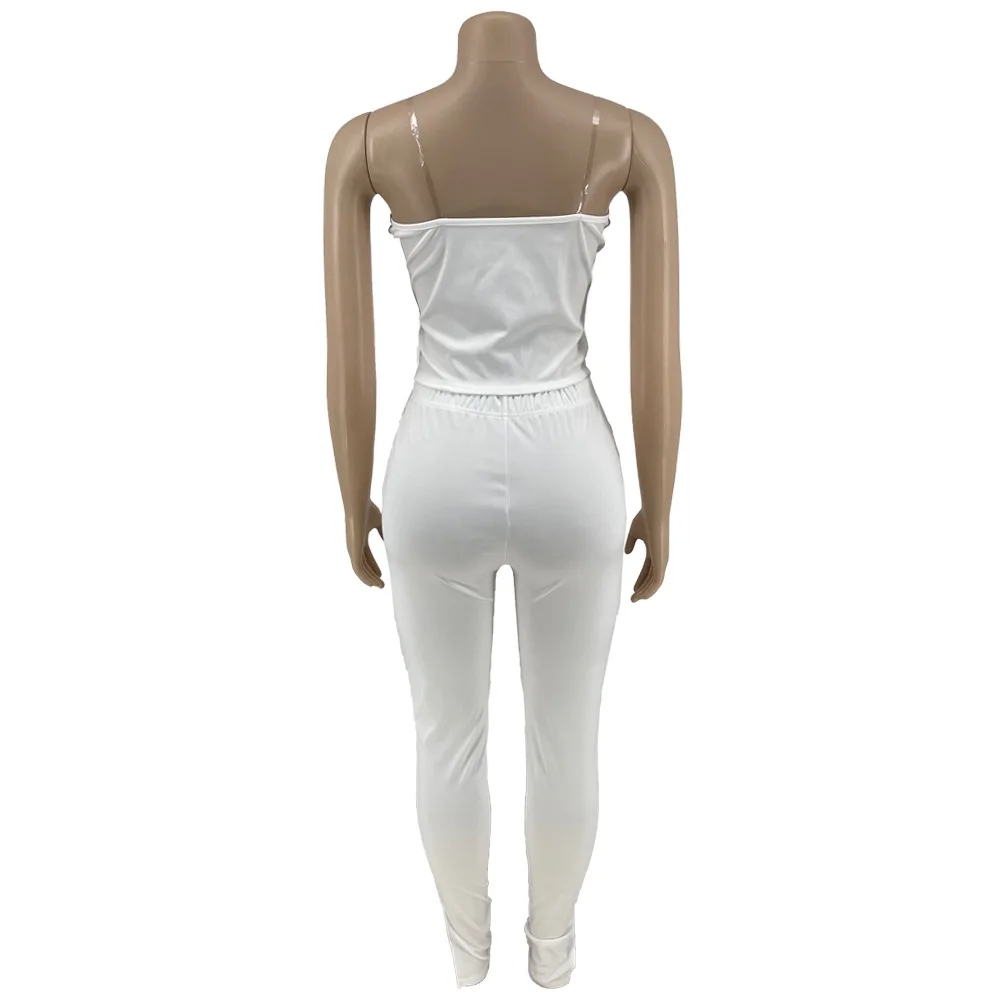 

Sexy Bandage Solid Two Pieces Sets Women 2021 Zipper Up Spaghetti Strap Crop Top and Split Hem Pencil Pants Matching Set Outfit