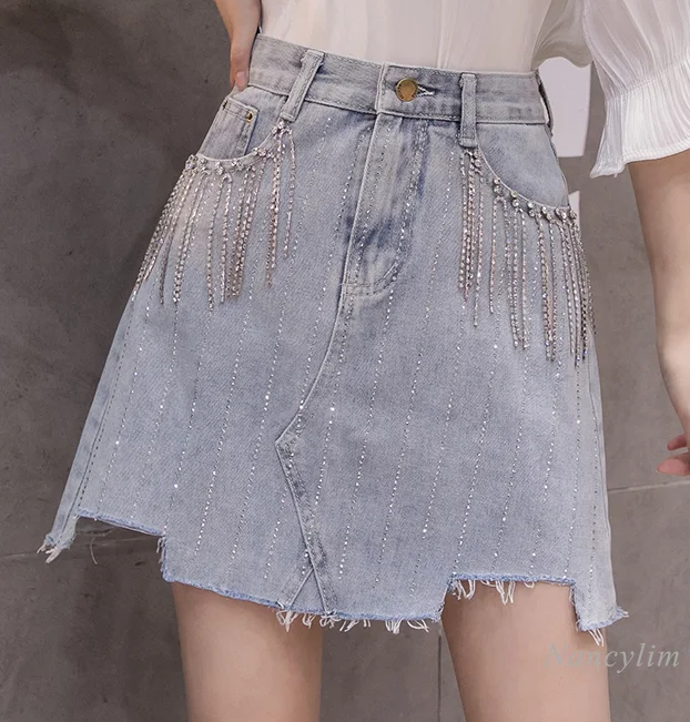 

Tassel Rhinestone Denim Short Mini Skirt Women's 2021 Summer New Retro High Waist Slimming A- Line Light Blue Skirts Jupe Mujer